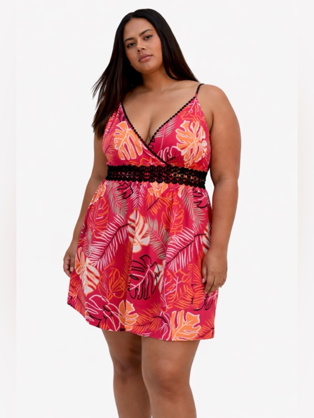 Tropical Print Spaghetti Strap Dress with Lace Waist